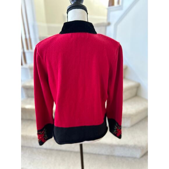 Vintage Red & Black Velvet Trim Embroidered Cardinal Zip Up Cardigan - Picture 2 of 8